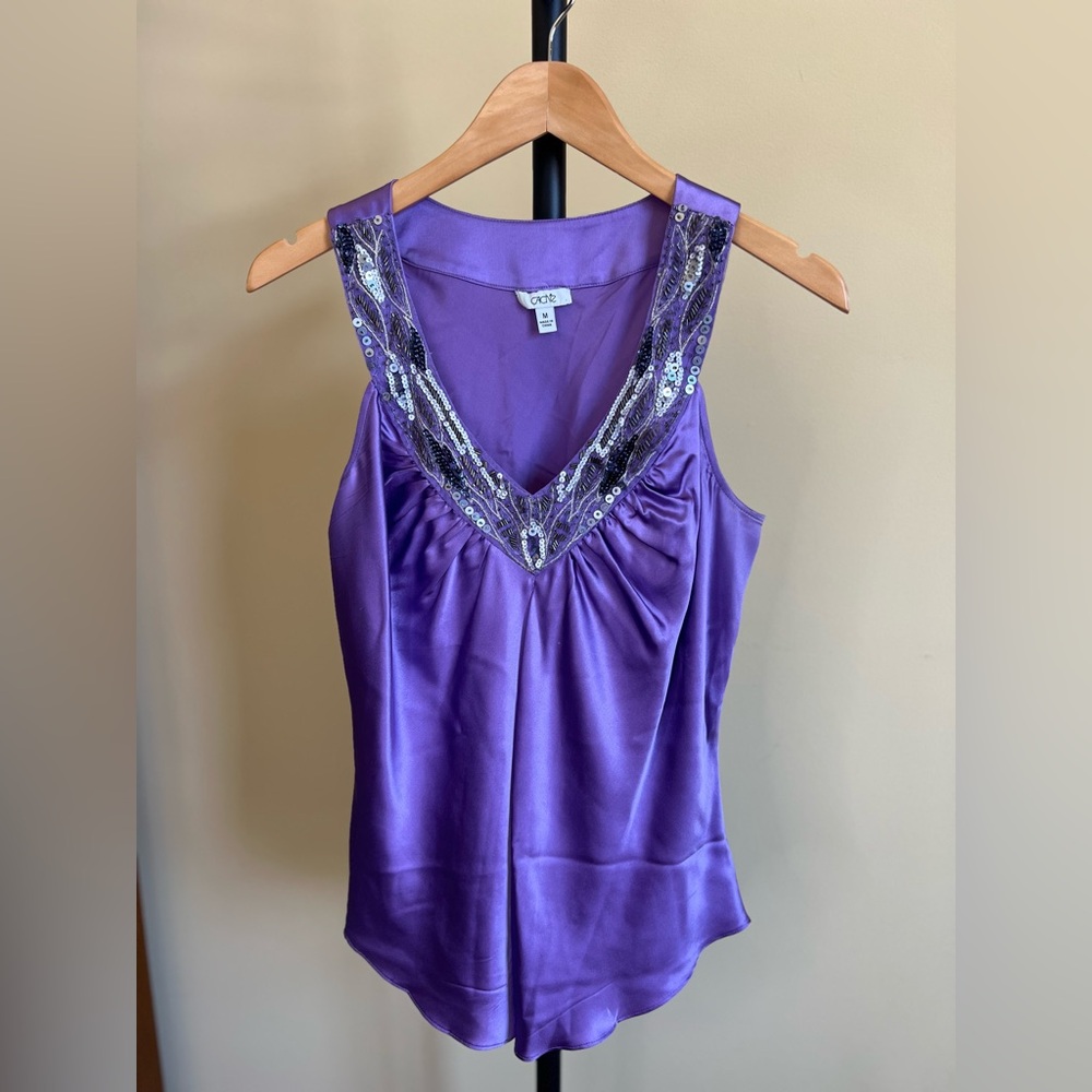 Cache Top Vintage Silk Jazz Age Blouse Sleeveless Sequined Amethyst Size M - Picture 7 of 16